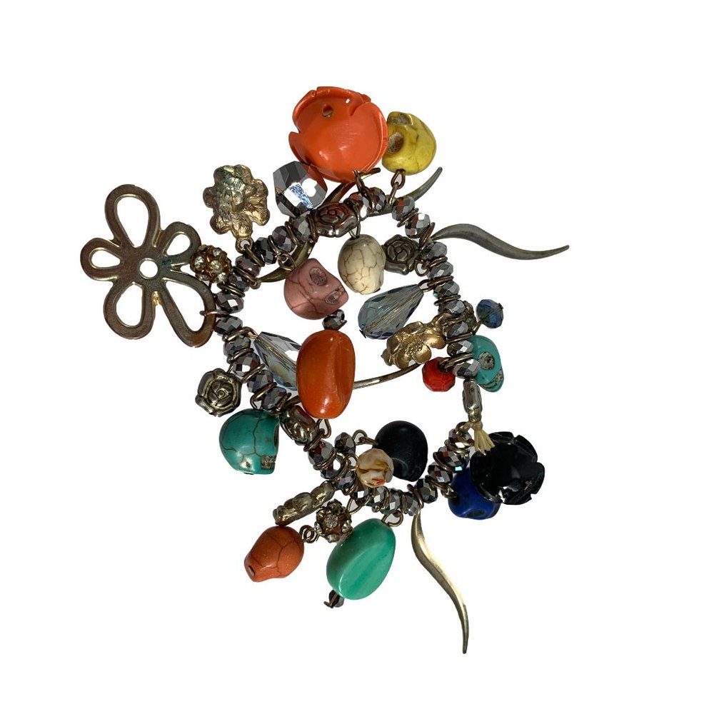 Goth Stretch Bracelet Skulls Flowers Charms Silver Tone Bold Colorful Beaded